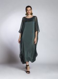 Dress Tetragono Satin/Chiffon 100% Silk Khaki